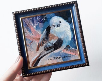 Original Gemälde 10x10, Weißes flauschiges Vogelbild in blauem Rahmen, Ölgemälde Vogel, Süßes Vogelgeschenk für Frauen