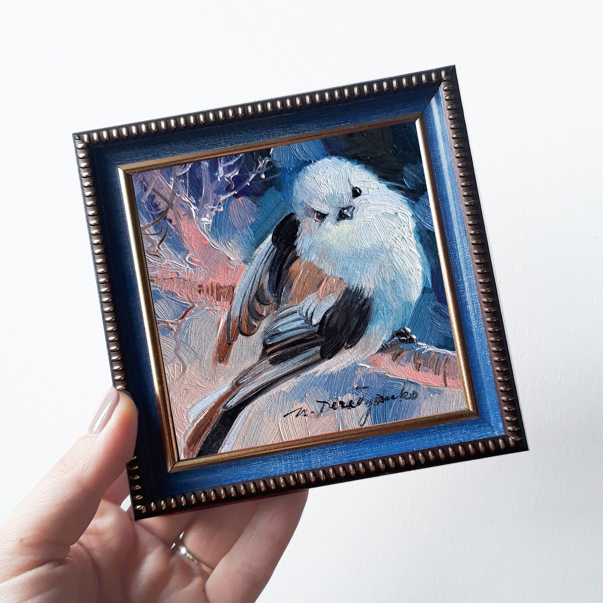 Original Bird painting 4x4, White fluffy bird art picture in blue frame, Animal oil painting bird artwork, Sweet bird gifts for women