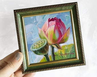 Lotus flowers oil painting original art 4x4, Small art framed, Floral oil painting artwork, Birthday gift for women