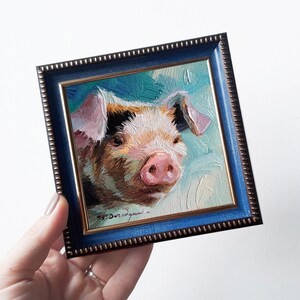 Cute pig oil painting original art 4x4, Animal small painting frame, Nursery wall art piggy lover gift - How are you?