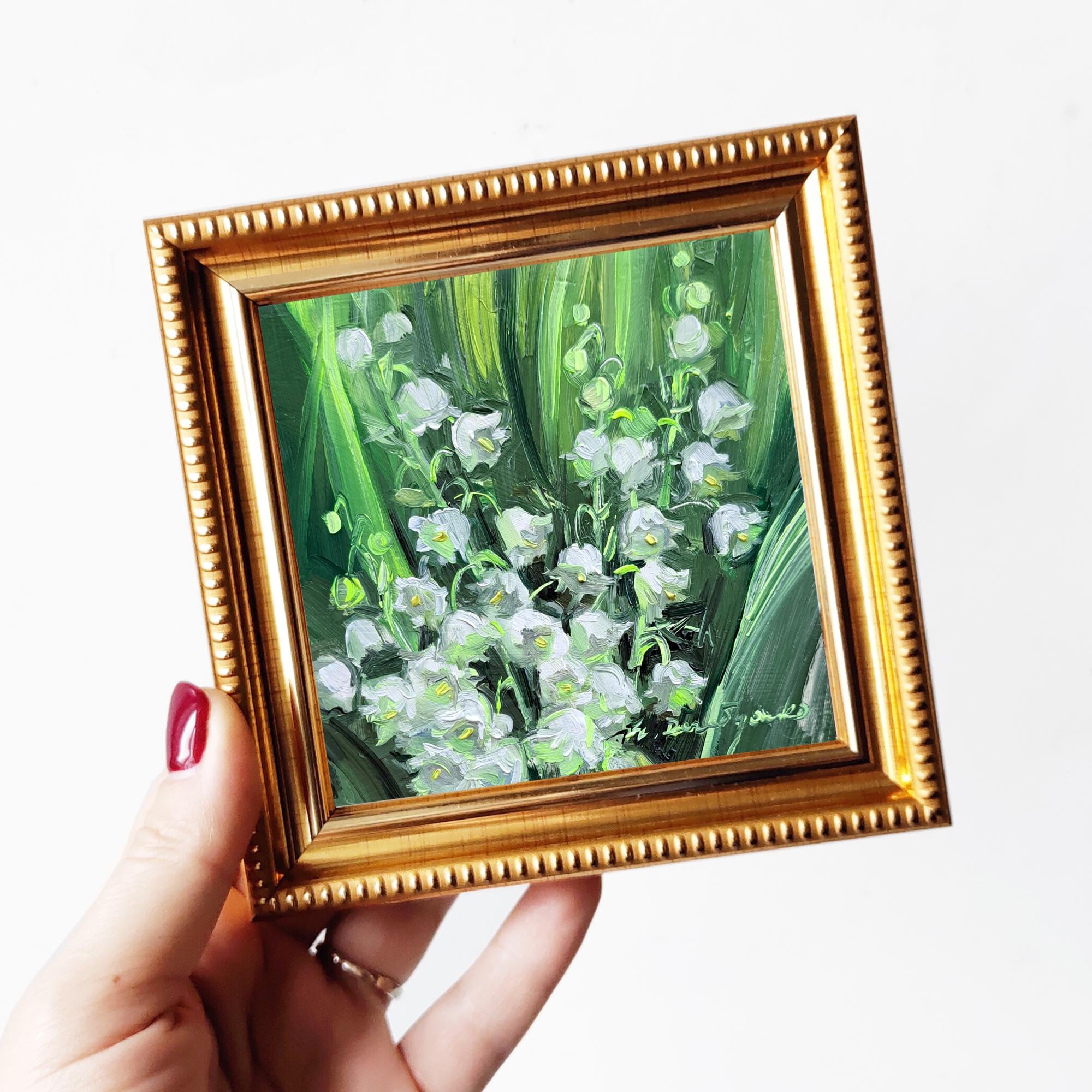 スズランの絵画、誕生花ギフト、小さな額入り花のアート 4 x 4 インチ