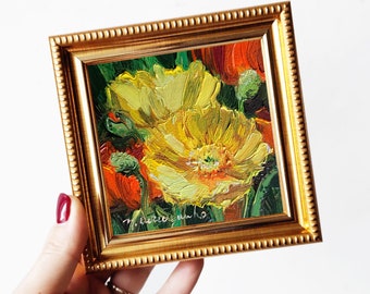 Small paintings yellow flowers Poppy artwork tiny oil painting original 4x4, Floral art framed Birthday gift