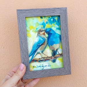 Two bird painting original canvas in wood frame, Bluebird oil painting, Bird art in frame, Small art framed love painting gift 6x4 dark wood frame