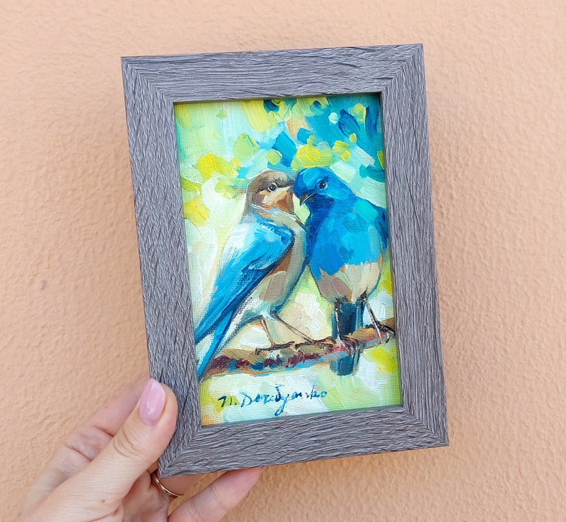 Two bird painting original canvas in wood frame, Bluebird oil painting, Bird art in frame, Small art framed love painting gift 6x4 dark wood frame