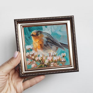Robin bird painting original in frame, Miniature small oil painting 4x4 bird art gift for mom, Small art frame bird on blossom brunch 4x4silver gold frame