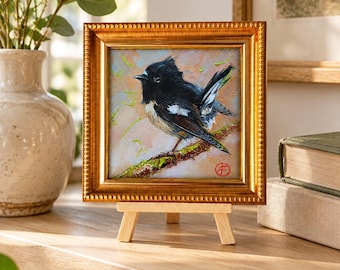 Black Bird Oil Painting Original 4x4", Mini Art Signed by Artist with Little Tomtit Bird in Frame, Unique Birthday Gift