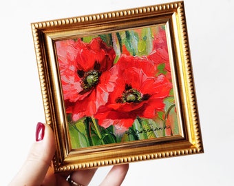 Small paintings two red flowers Poppy artwork tiny oil painting original 4x4, Small framed art Couple love gift Anniversary