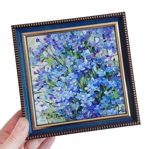 Small oil painting original blue flowers painting canvas 5x5, Forget-me-not flowers picture frame floral artwork, Birthday gift idea