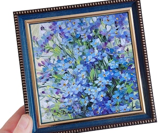 Small oil painting original blue flowers painting canvas 5x5, Forget-me-not flowers picture frame floral artwork, Birthday gift idea