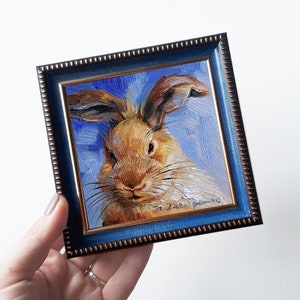Cute rabbit painting original oil framed 4x4, Small framed art Dad rabbit artwork blue background, Birthday gift
