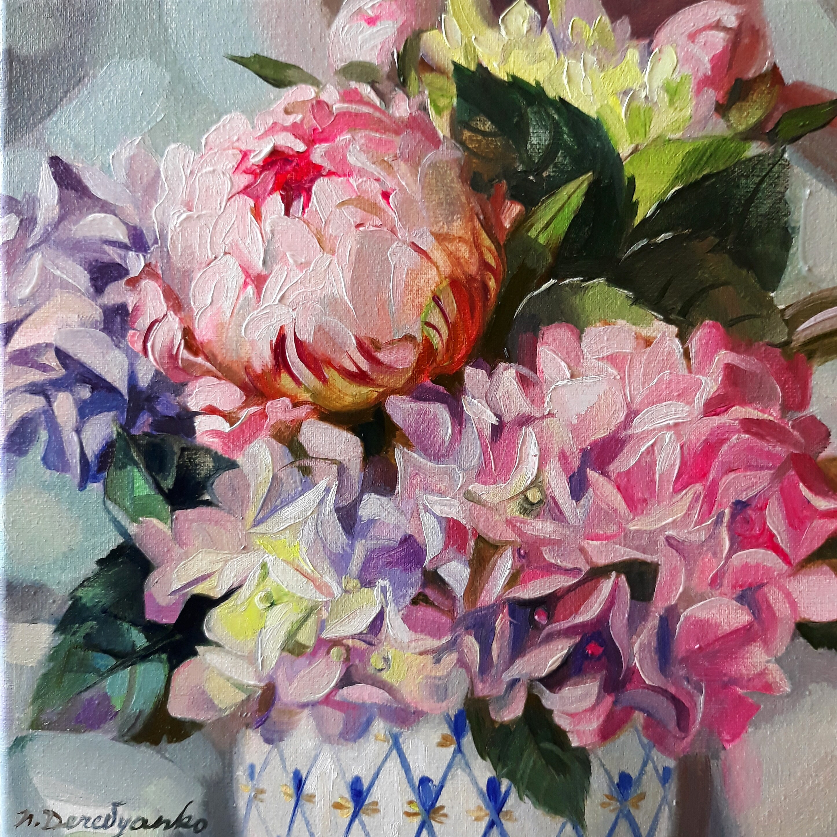 Peony Hydrangea Oil Painting Canvas Original Art, Pink Flowers Wall Art ...