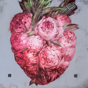 Peony oil painting original canvas, Large painting heart hot pink Peony wall art for living room  Extra big picture square gift Housewarming