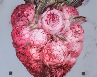 Original Pink Peony Oil Painting on Canvas, Large Floral Wall Art (39x39 inch)