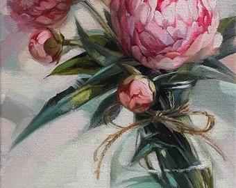 May include: A bouquet of pink peonies in a clear glass vase with a brown twine bow. The vase is sitting on a white surface. The flowers are in full bloom and have a delicate, feminine look.