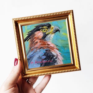 Eagle bird painting original 4x4, Miniature oil paintings birds wall art, Small oil paintings framed art bird tiny art Gift for Dad
