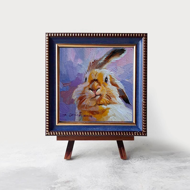 Cute rabbit oil painting original art green 4x4, Animal oil painting in frame, Nursery wall art rabbit lover gift Easter image 4