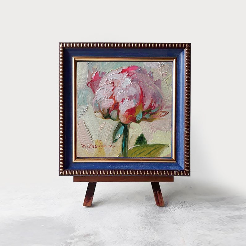 Peony original oil painting framed, Small painting pink flowers, Unique peony wall art, Floral art for women Gift for best friend frame+ easel