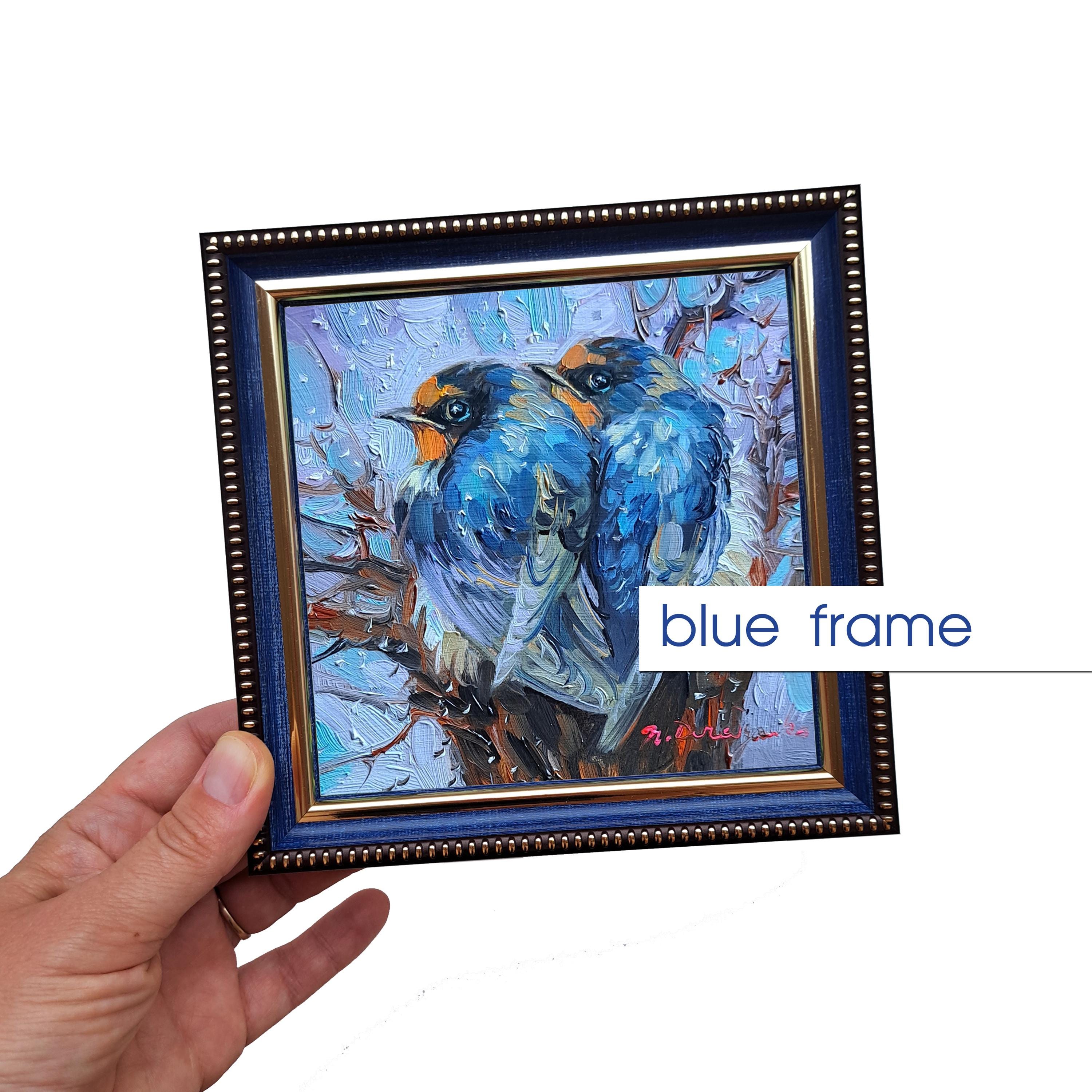 二羽の鳥 絵画 油彩画 油絵 F4 oil painting art ツバメの鳥の絵画オリジナル油絵5x5の額入り、2羽の鳥の絵画