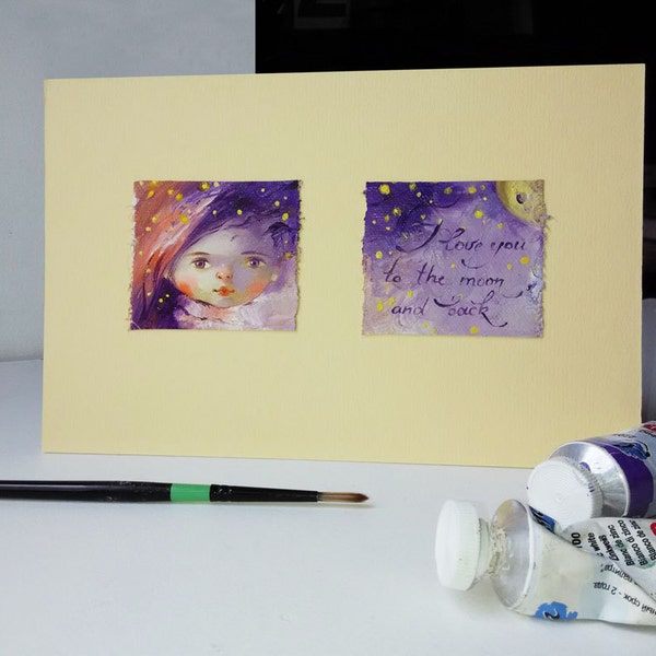 Love card greeting card art painting hand paint card mixed media art girl card unique lilac star sky moon illustration love under 25 card