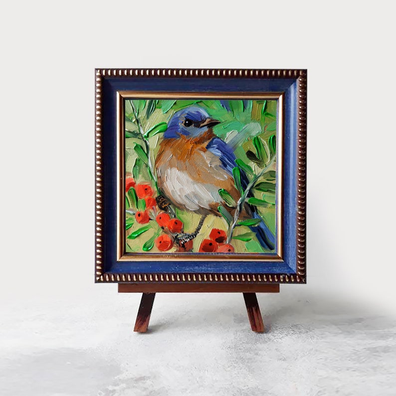 Eastern Bluebird painting original in oil 4x4 framed, Blue bird art illustration small wall art framed, Mothers day gift Wood easel