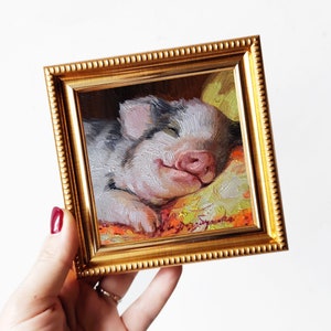 Cute pig oil painting original art sleeping 4x4, Animal small painting frame, Nursery wall art piggy lover gift