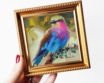 Bird painting original 4x4 Lilac-breasted Roller bird small frame art gold frame, Small oil painting bird artwork, Bird gifts for women