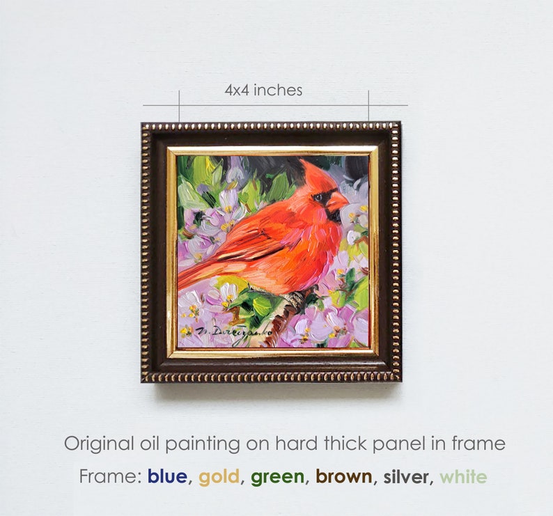 Bird Cardinal oil painting original miniature, love gift red bird artwork, home decor small painting 4x4 4x4 brown frame