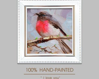 Hot Pink Robin Bird Oil Painting, Miniature Framed Wall Art (4x4 Inch)