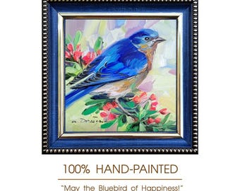 Original Bluebird Oil Painting, Framed 4x4 Inch Miniature Wall Art