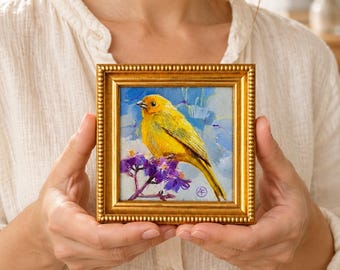 American Goldfinch Oil Painting, Miniature Bird Wall Art, Framed Yellow Art 4x4"; Best Friend Gift - You make life brighter