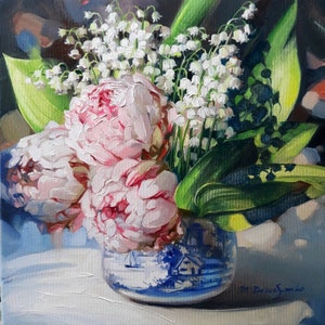 Peonie Mughetto dipinto originale su tela olio, Dipinto floreale Bouquet di fiori in vaso Regalo di compleanno per moglie San Valentino
