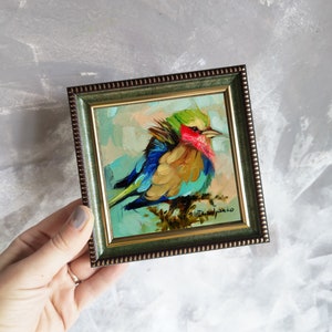 Original Bird painting 4x4, Colorful small bird art picture in blue green gold frame, Small oil painting bird artwork, Bird gifts for women