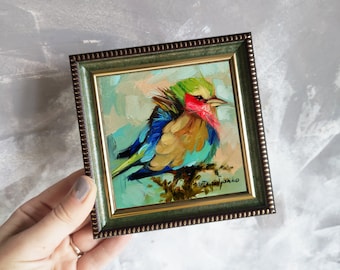 Original Bird painting 4x4, Colorful small bird art picture in blue green gold frame, Small oil painting bird artwork, Bird gifts for women