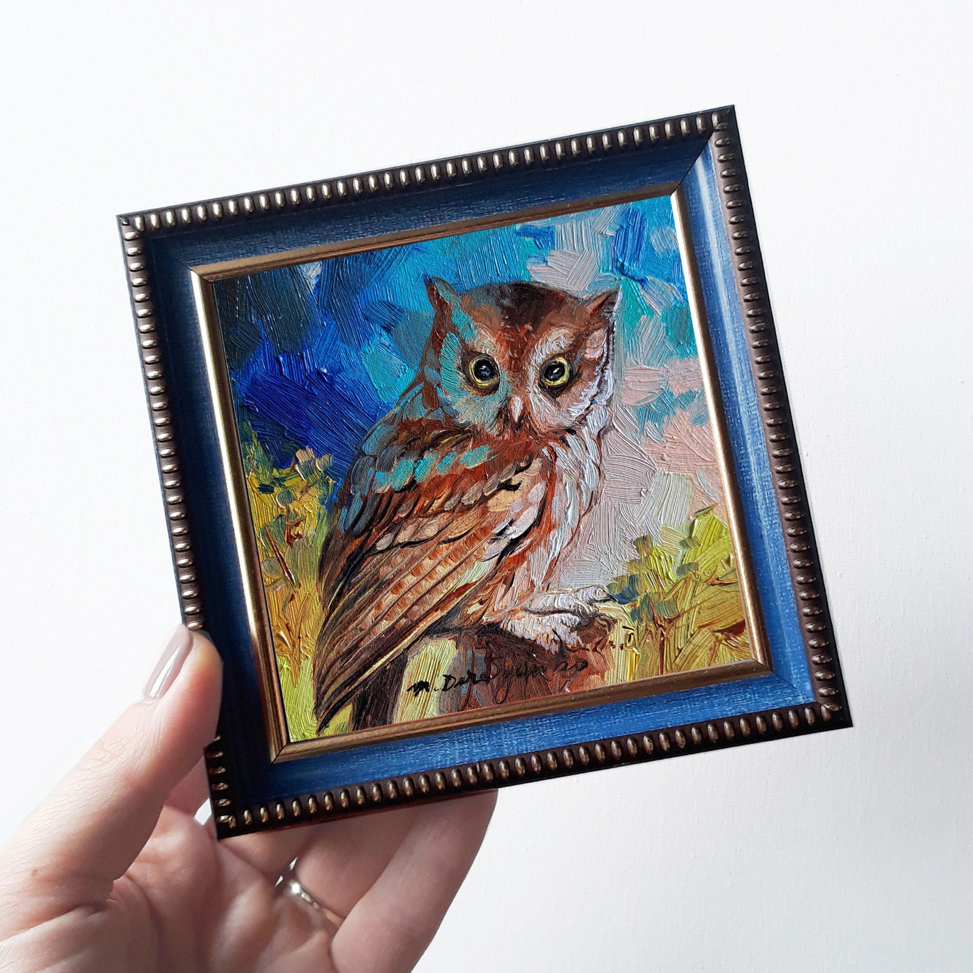 Owl bird painting original 4x4 inch small artwork framed, Bird owl wall art Best friend gift for wom