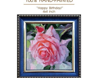 Pintura al óleo original Capullo de rosa, arte floral rosa, decoración de pared en miniatura de 4 x 4 pulgadas