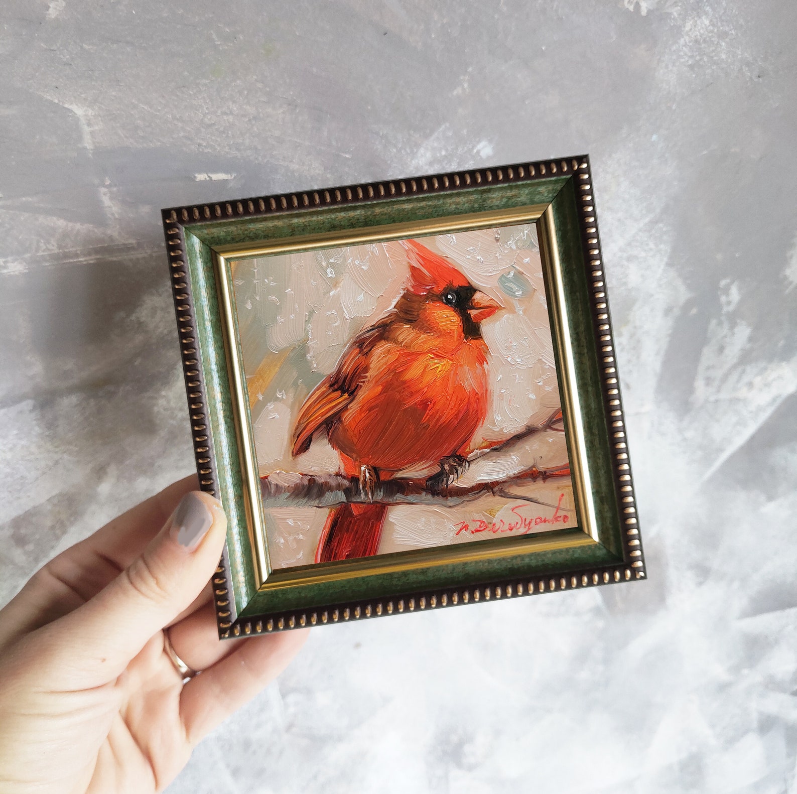 Cardinal Bird Oil Painting Original Small Art Framed, Gold Red Bird ...
