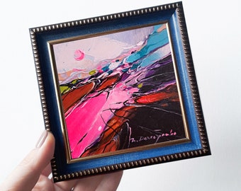 Miniature abstract painting small framed art, Original oil painting Abstract Landscape, Small wall art tiny Birthday gift, Small framed art