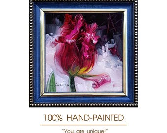 Original Oil Painting Miniature Tulip Art, Impressionist Floral Wall Decor (10x10 cm)