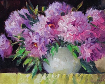 Purple peony flowers painting canvas art 8x12 inches, Purple flowers in white vase oil painting small framed art