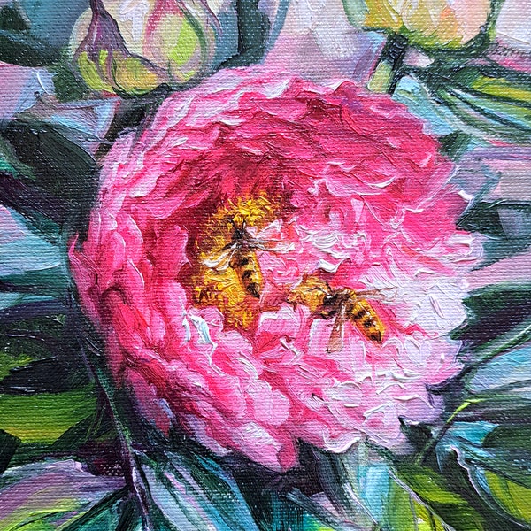 Peonia pittura originale fiori rosa tela arte, piccolo dipinto ad olio, regalo di anniversario di pittura ad olio dell'ape per le donne