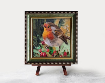Robin bird on brunch art painting, Miniature painting 4x4 bird painting original, Gift for dad, Christmas day gift