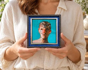 Original Male Oil Portrait, Miniature 4x6" Man Painting, Textured Figurative Art, Turquoise Background, Frame Options Gift for Christmas