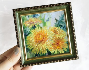 ヴィンテージ油絵 4x5インチ 花畑の少女 黄色 白 エリザベスサイン