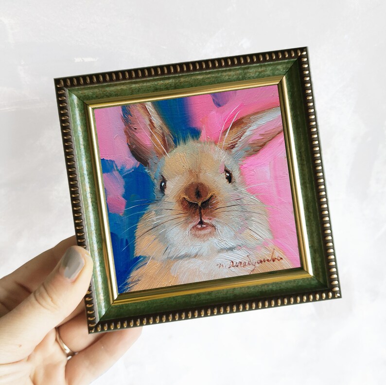 Cute rabbit painting original oil framed 4x4, Small animal art brown nose rabbit artwork, Bunny painting gift for woman 4x4 green frame