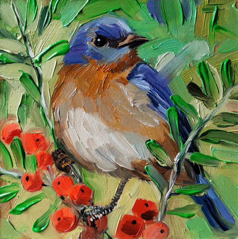 Eastern Bluebird painting original in oil 4x4 framed, Blue bird art illustration small wall art framed, Mothers day gift 4x4 un frame