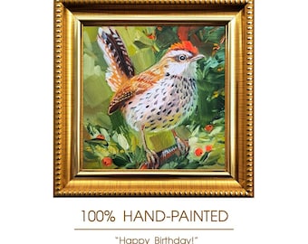 Pintura al óleo original de un pájaro, miniatura de un pajarito enmarcada, arte de la vida silvestre de 4 x 4 pulgadas.