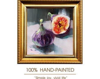 Original Oil Painting Figs Fruit Art, Framed 4x4 Inch Kitchen Wall Art