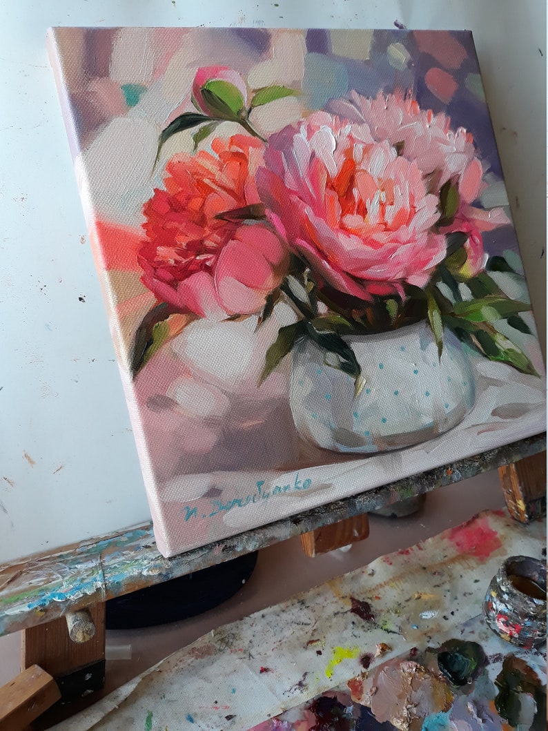 Pink Peonies in vase oil painting original on canvas Peony ...