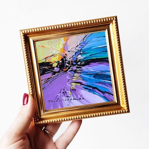 Abstract painting small framed art, Original painting 4x4 Abstract Landscape sunlight, Small wall art tiny painting Birthday gift