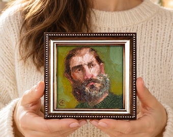 Bearded Man Oil Painting, Framed Portrait Little Art 4x4 Inch, Unique Gift for Him, Original Hand Painted Artwork